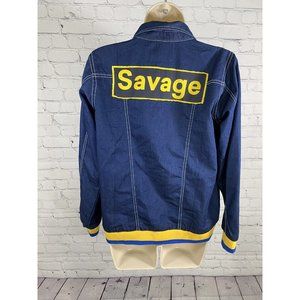 Bewakoof Savage Dark Blue Denim Blue Yellow Trim Snap Up Jacket L